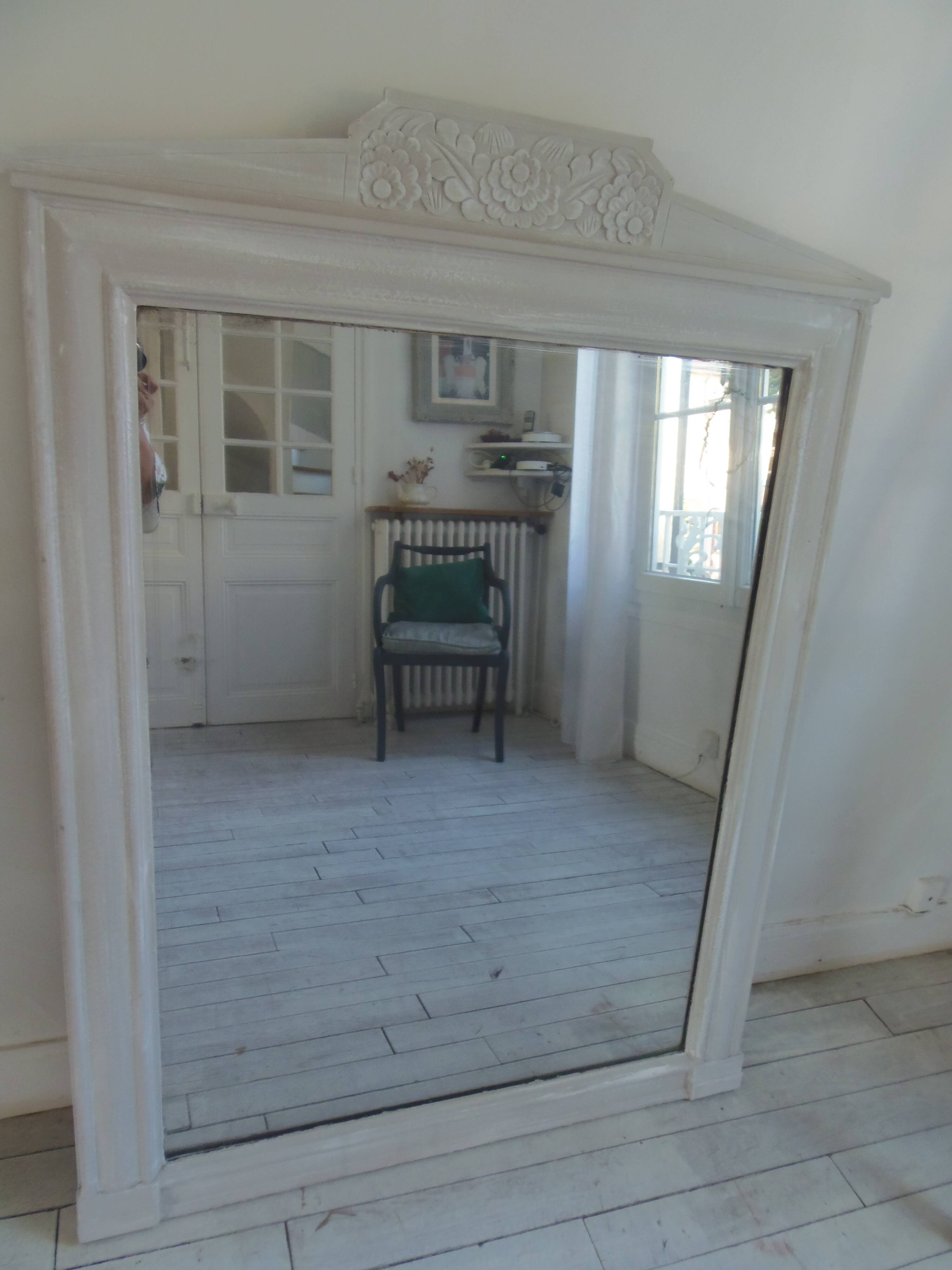 Antique trumeau mirror with pearl grey and powdered white patina