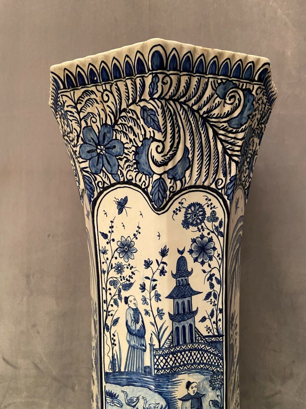 Umbrella holder vase earthenware Desvres nineteenth decoration Far East Pagoda 62.5 cm