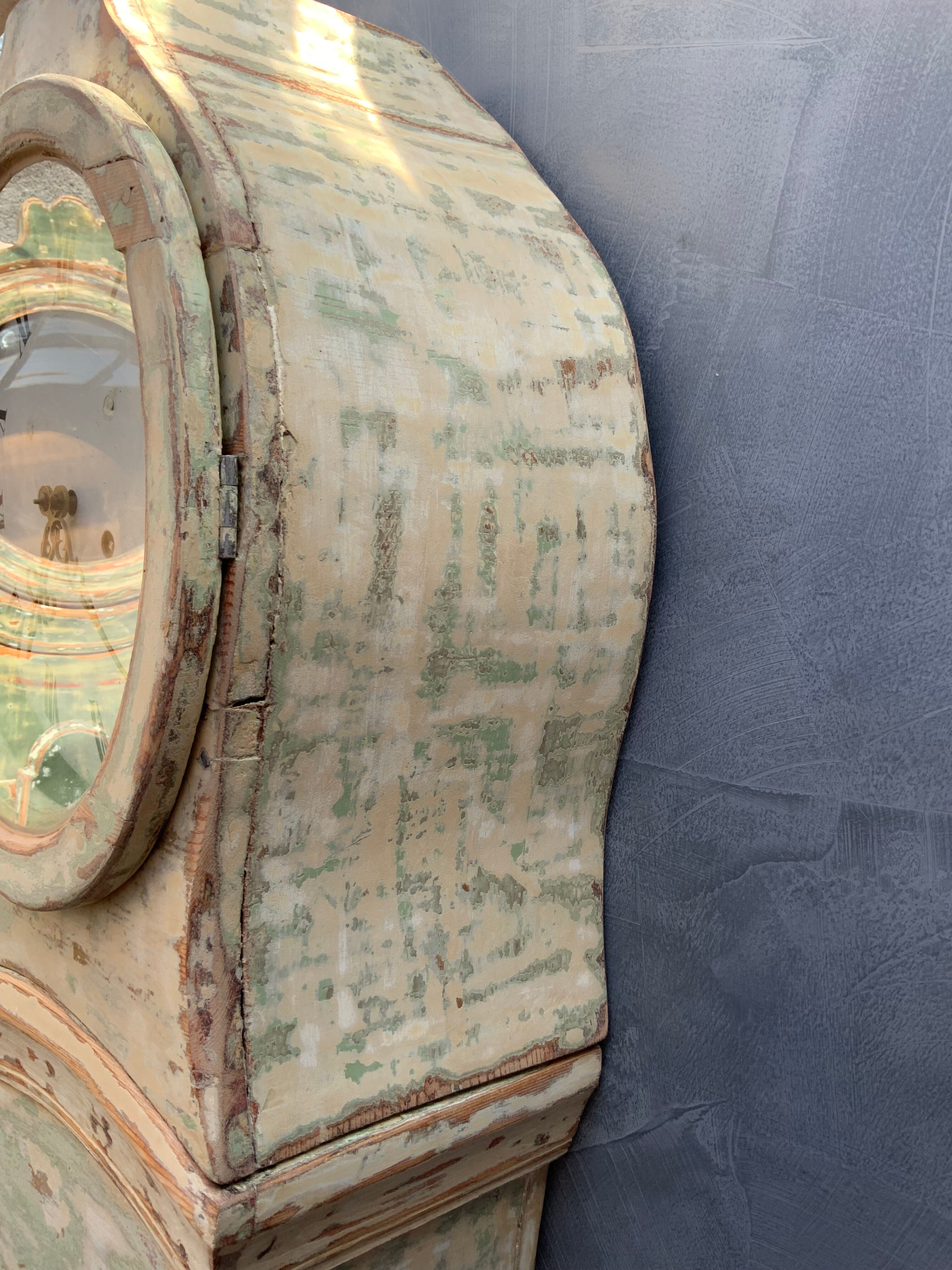 Antique mora clock long case, mint colour wood case 1800s