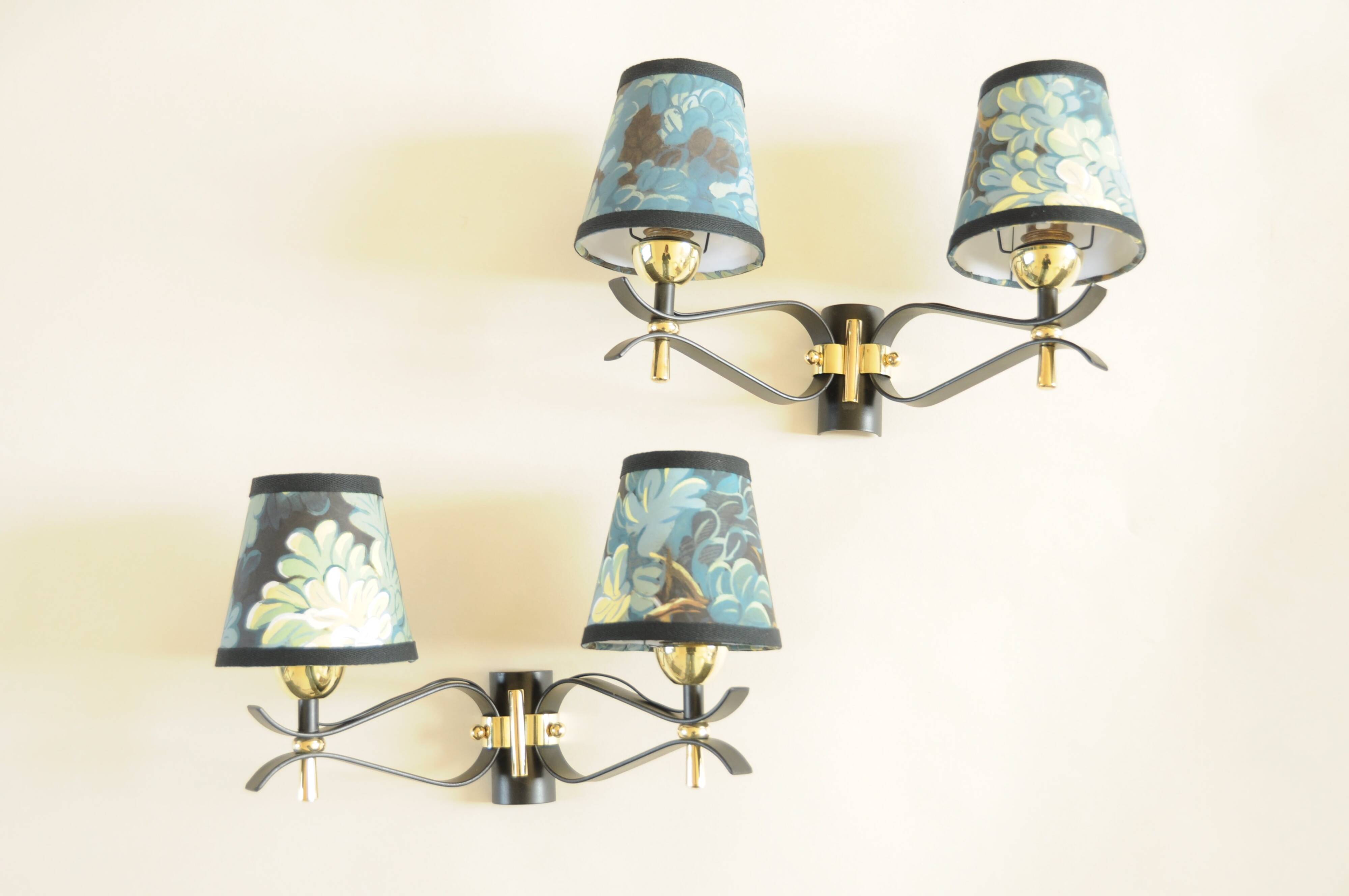 Pair of vintage black and gold wall lights - 18th century foliage lampshade