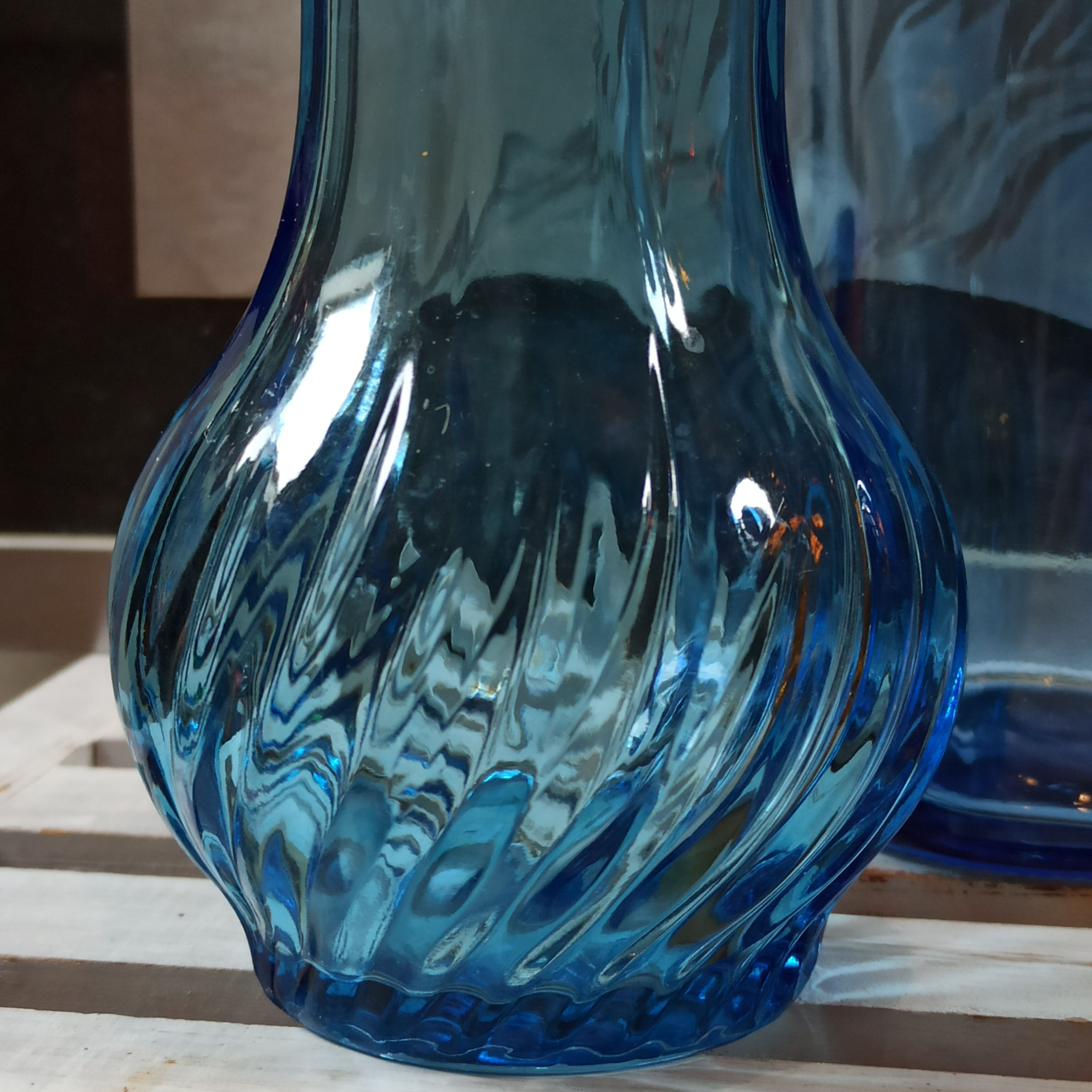 Trio vintage vase bottle and jar in amber and blue glass