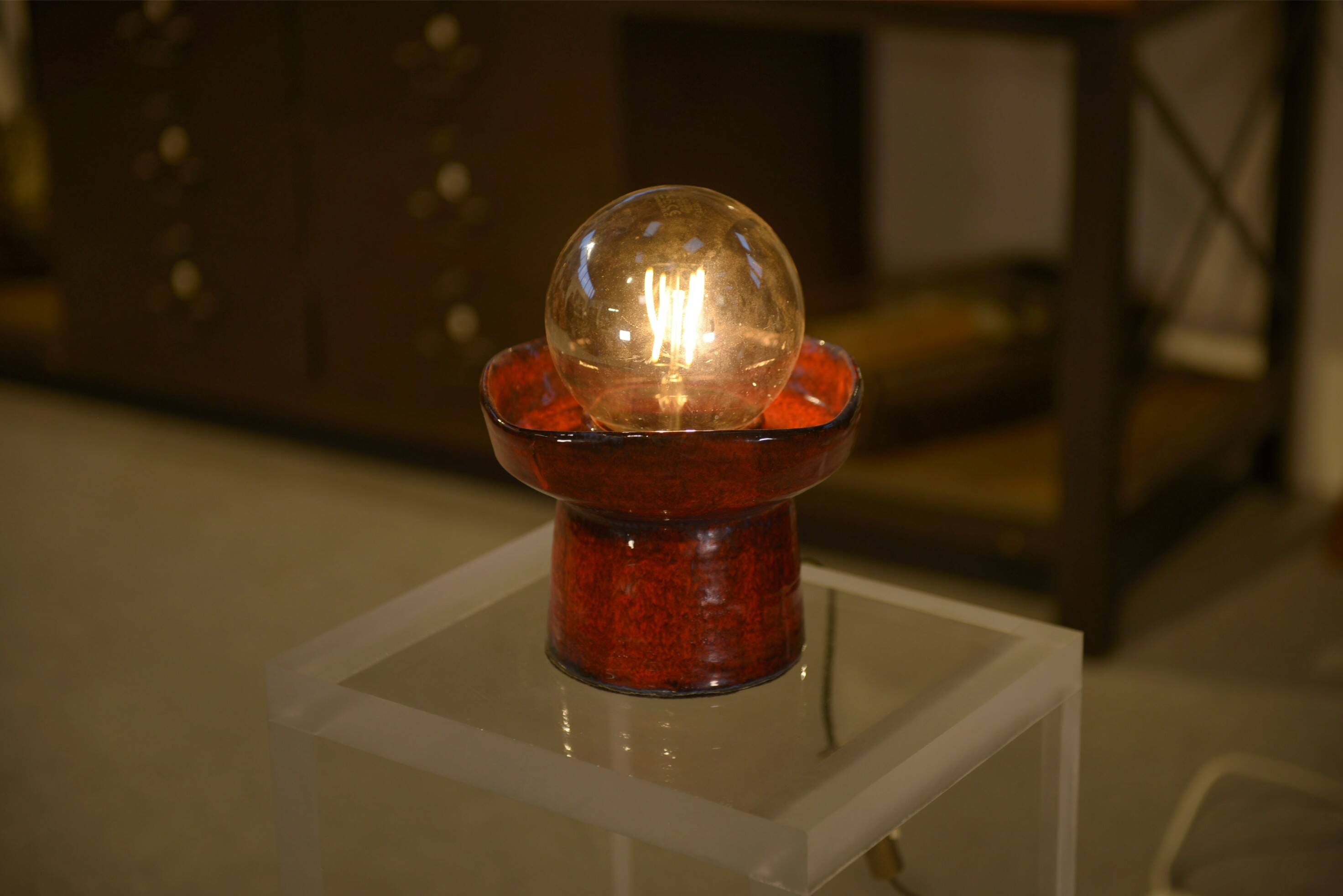 Red ceramic table lamp by Guillerme and Chambron 1980s