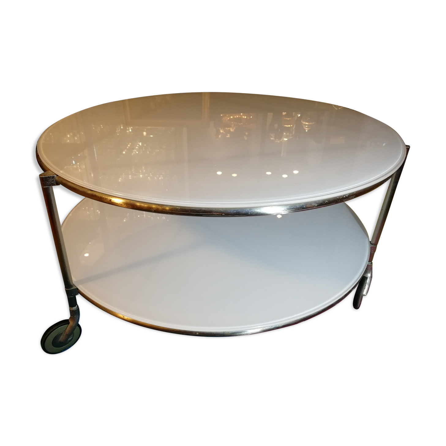 Table basse ronde blanche 2 plateaux verre sur 3 roulettes | Selency