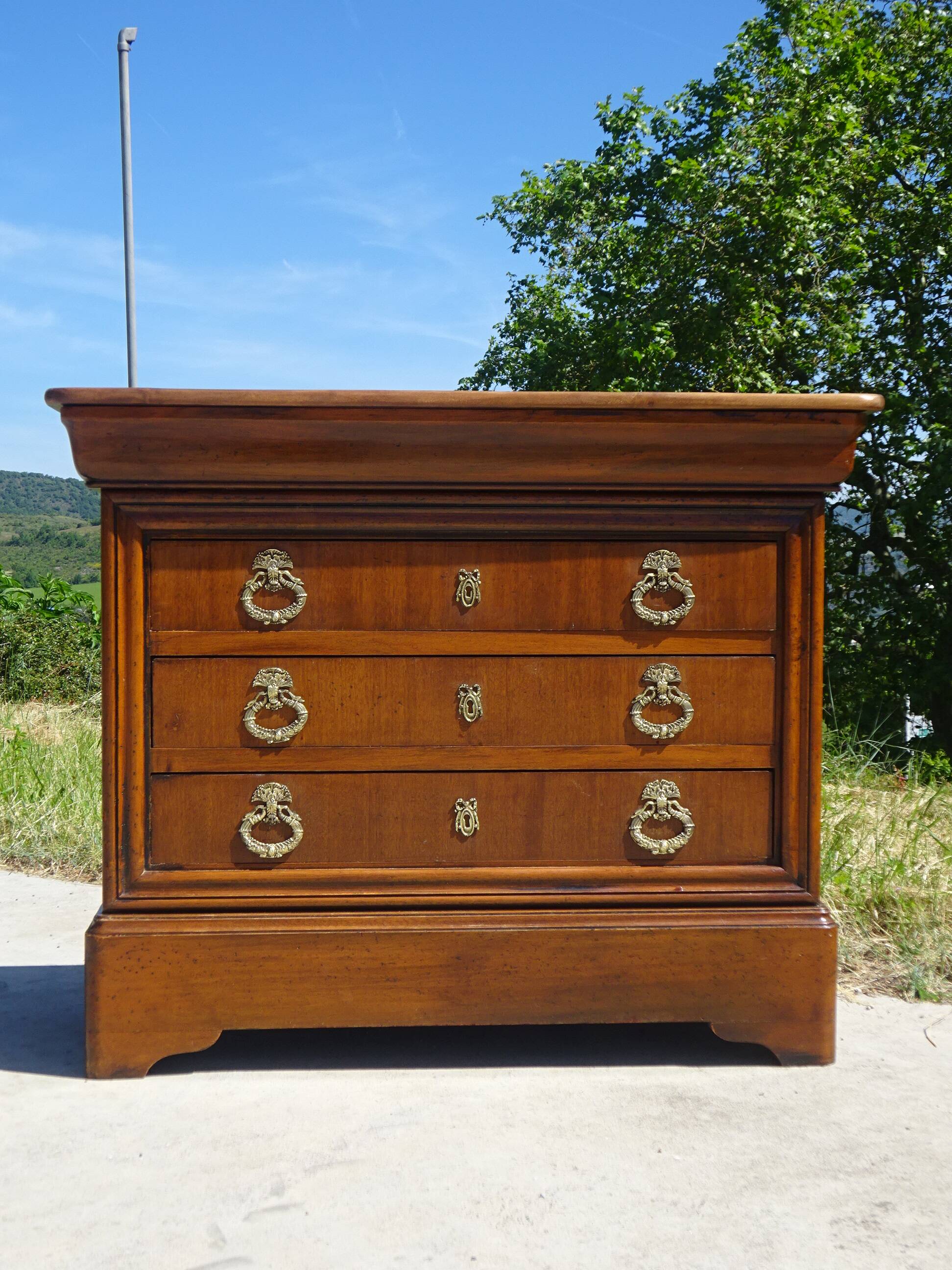 Chest of drawers with decorated handles in the Louis XVI style.