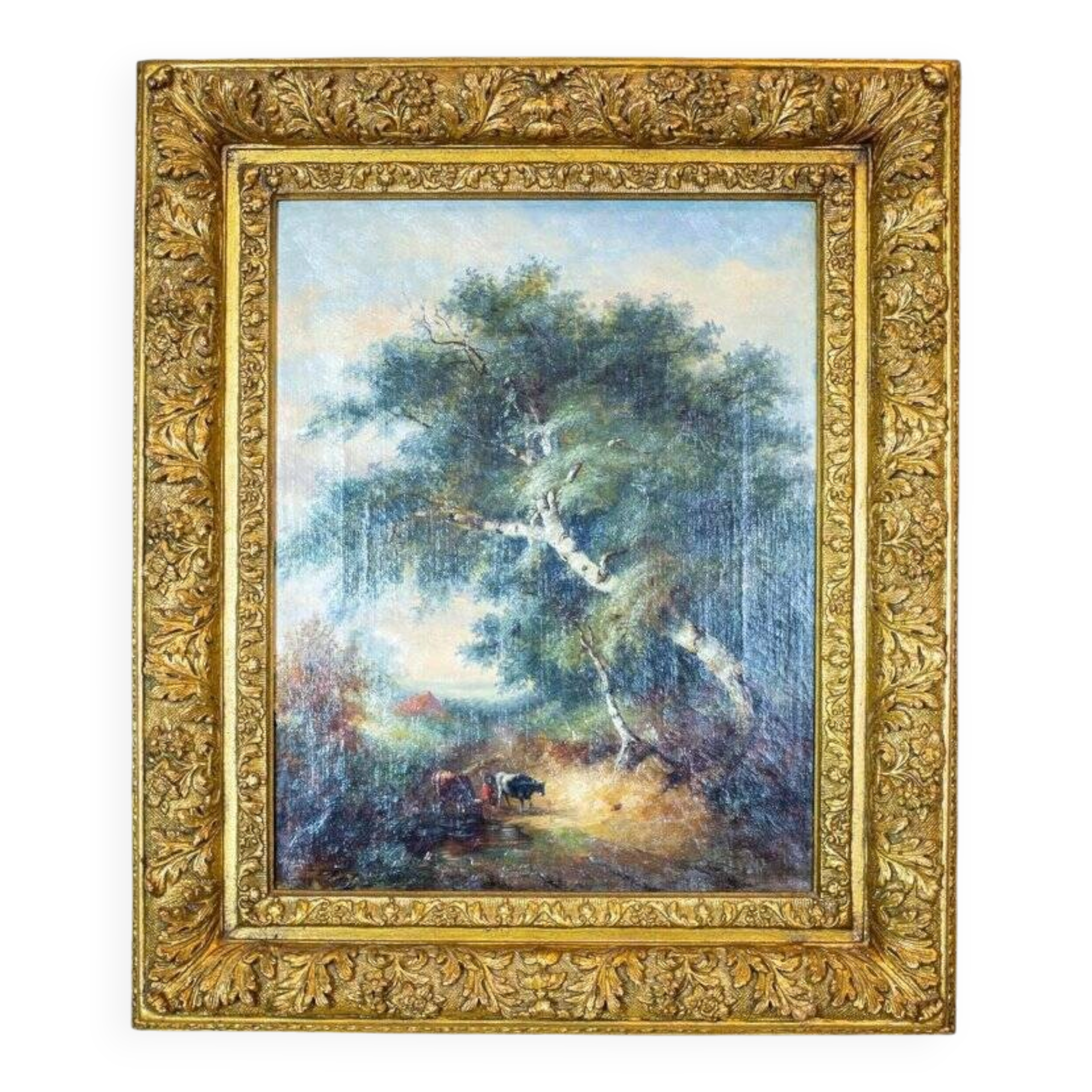 Cows in the Brush, 19th-20th Century, Oil on Canvas, Framed