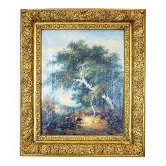 Cows in the Brush, 19th-20th Century, Oil on Canvas, Framed