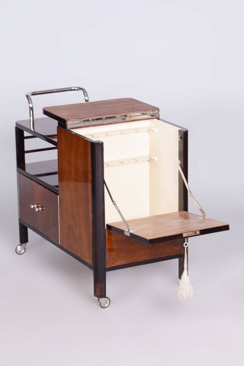 Czech Art Deco Trolley Walnut and Chrome-Plated Steel from Thonet, 1930s