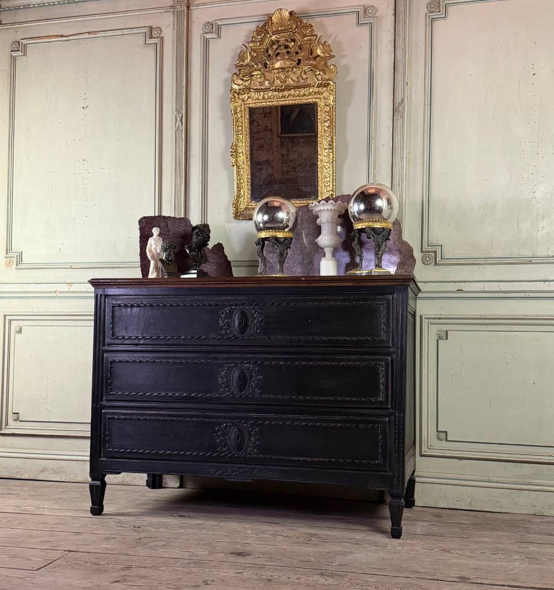 Louis XVI chest of drawers in black patinated oak, 18th century