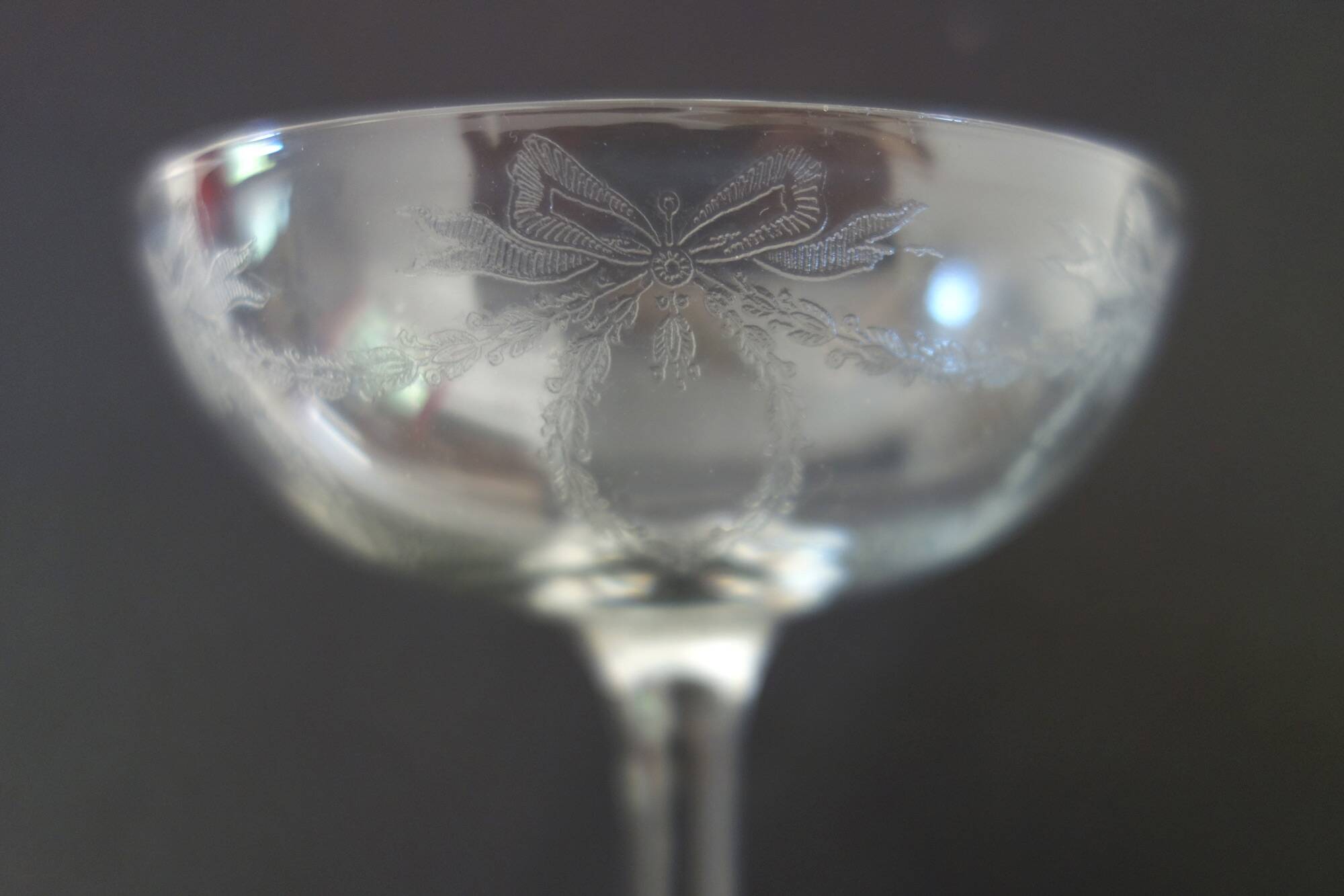 11 vintage engraved crystal champagne coupes