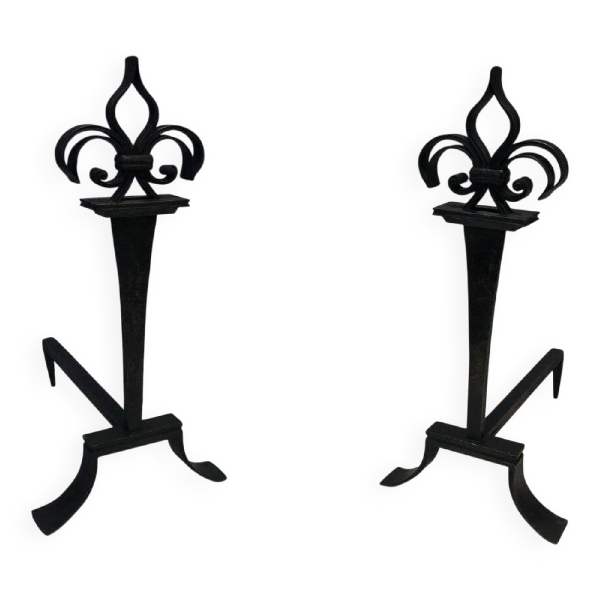 Important pair of wrought iron andirons with torch in heraldic fleur-de-lis design.