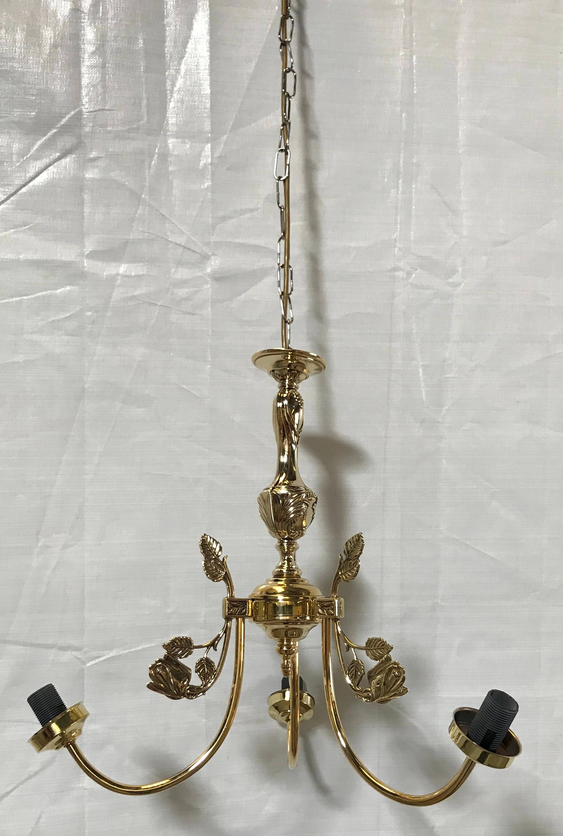 Polished Solid Brass Pendant Chandelier with Three Arms