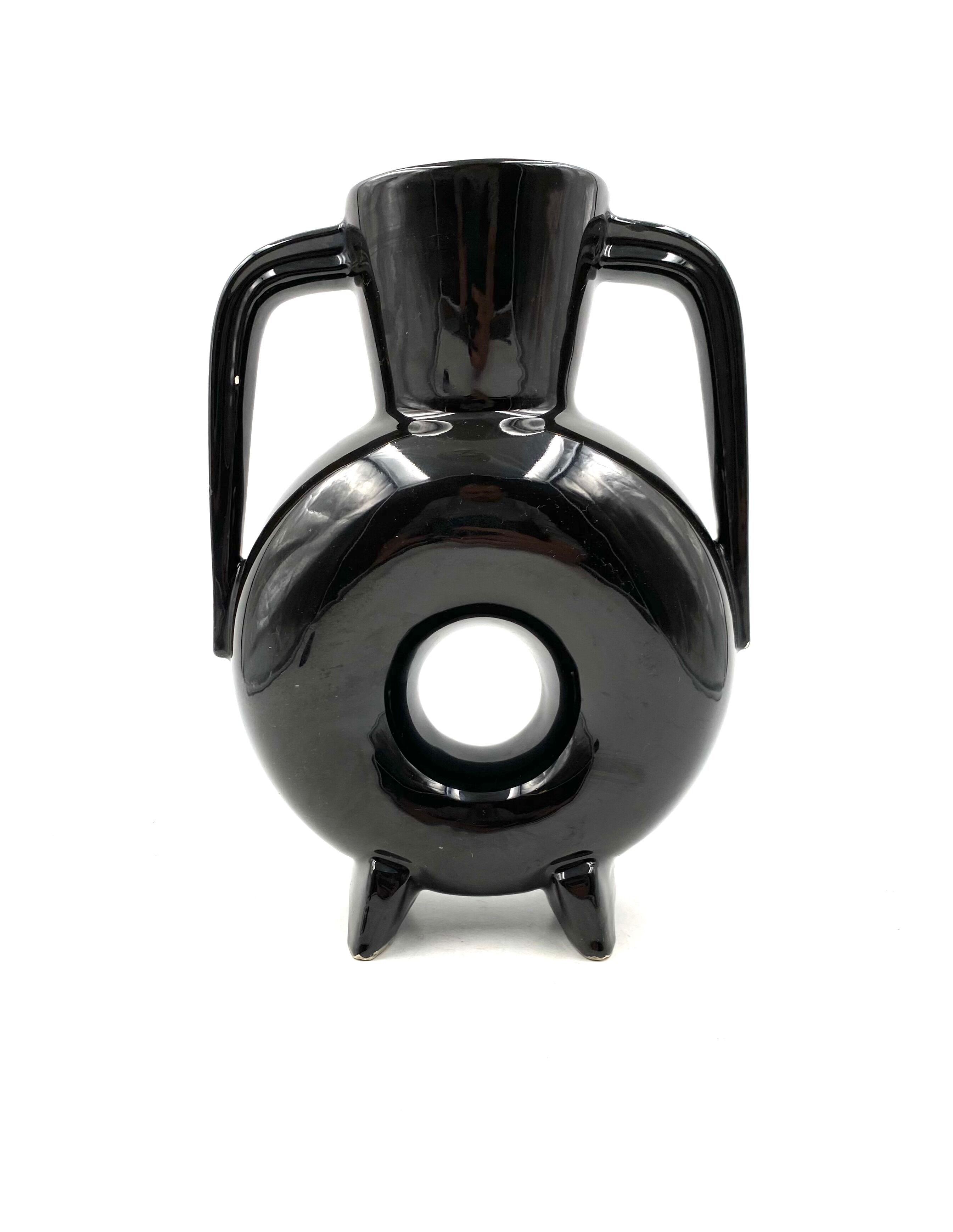 Vase en céramique noire moderne organique, France 1970s