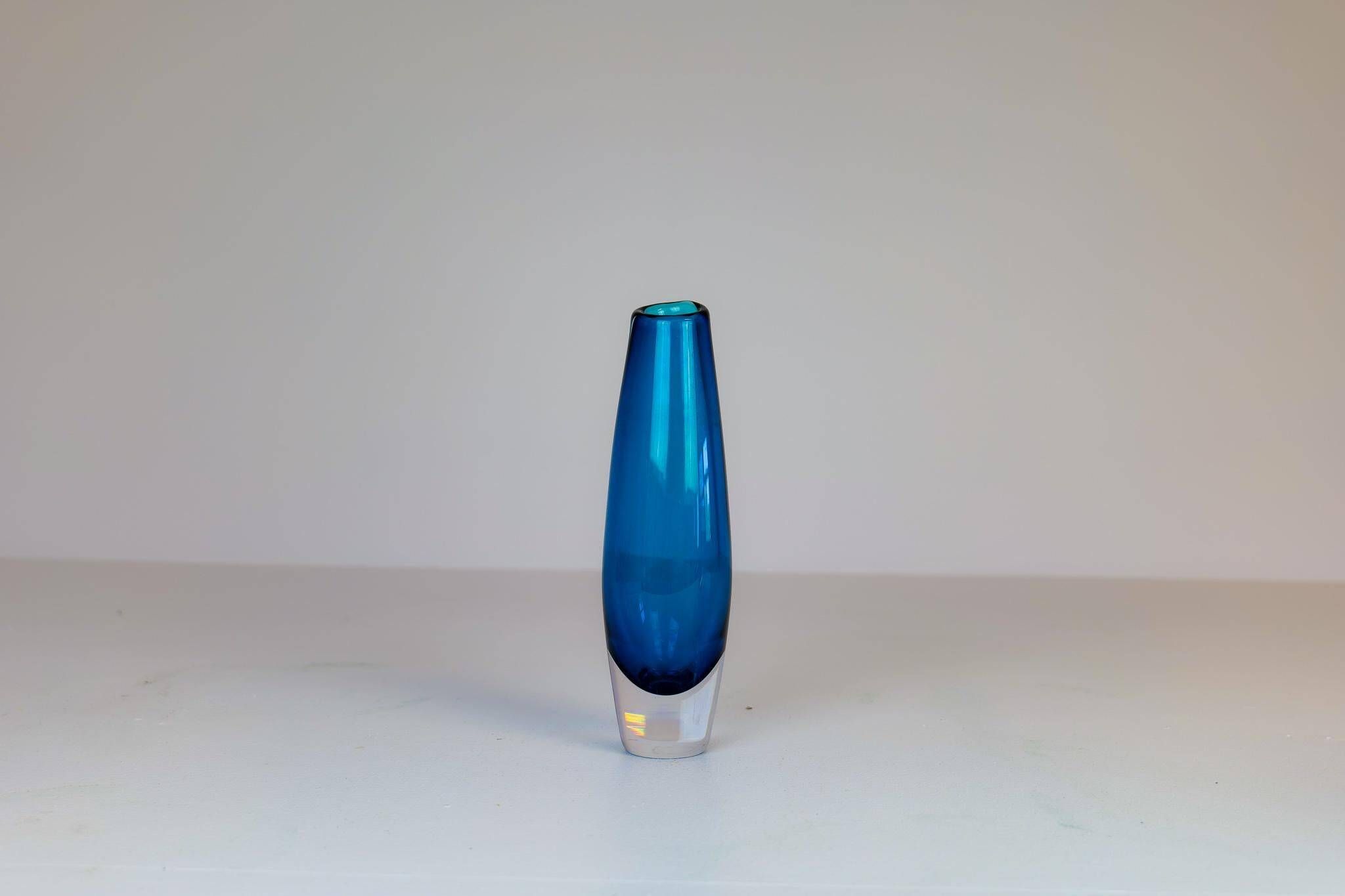 Pair of heavy crystal vases by Orrefors Mid-Century Modern by Sven Palmqvist, light blue.