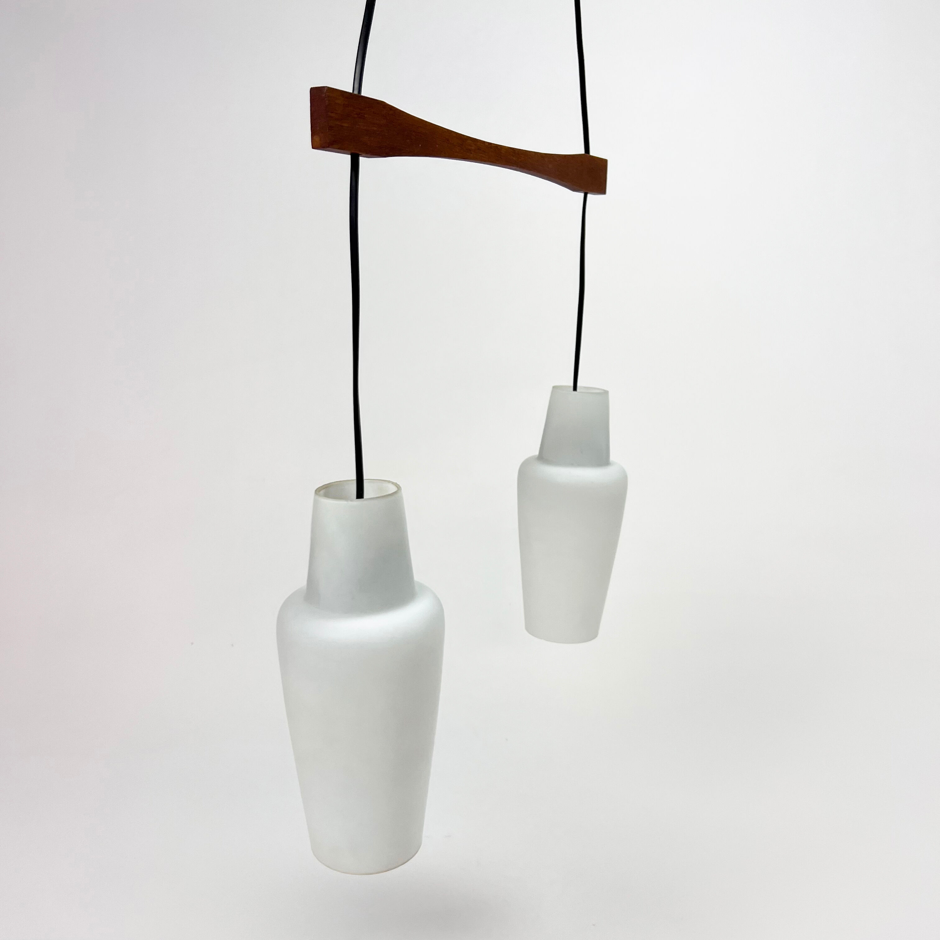 Danish Teak and White Glass Hanging Lamp, 1950s