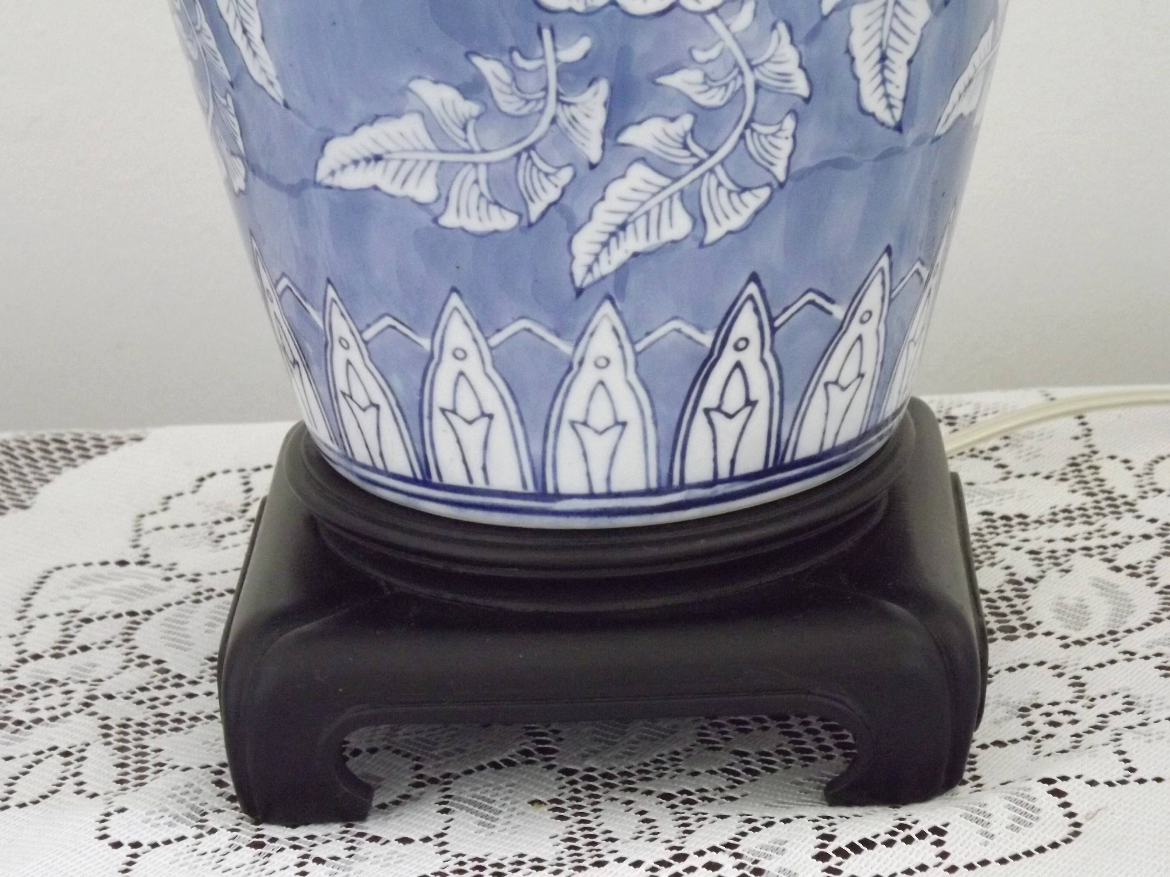 Tall Blue & White Oriental Style Ceramic Table Lamp with Floral Decoration