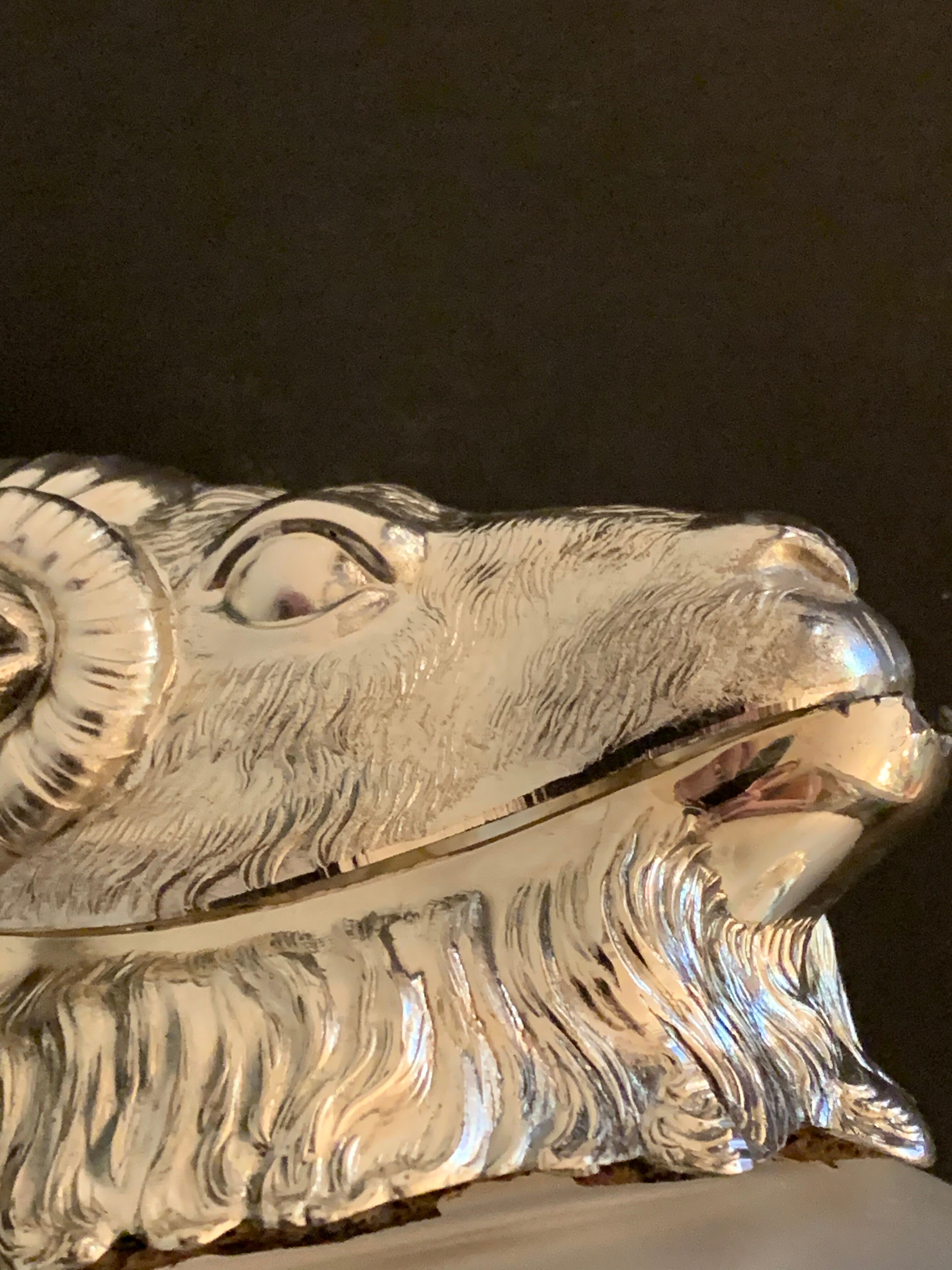 Decanting carafe or frosted glass water broc with silver metal ram head 1970