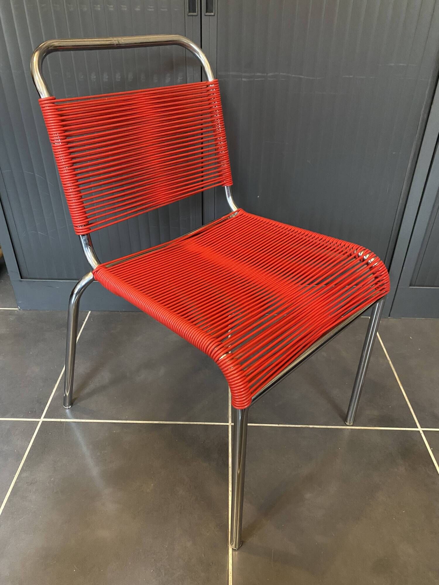 Scoubidou chair or vintage 1960 red chrome spaghetti chair