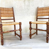 Pair of straw and solid oak chairs