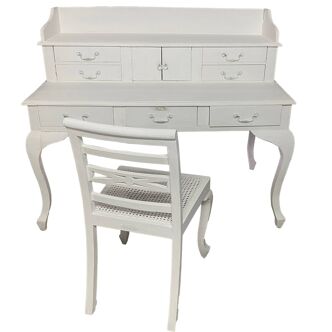 Secrétaire vintage chic patiné blanc effet vieilli + chaise cannée – CELTON PARIS