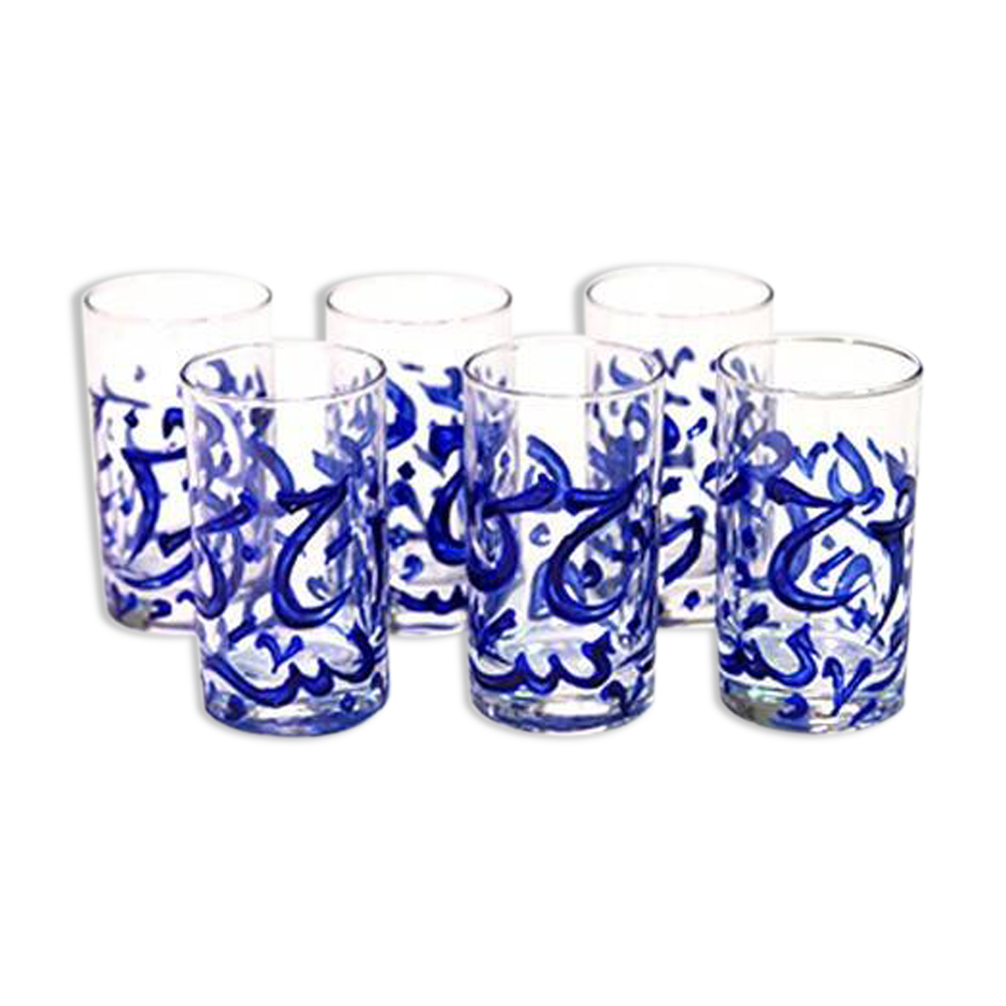 6 verres artisanaux décorés en calligraphie arabe bleue