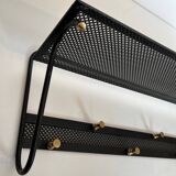 Coat rack in black lacquered metal, perforated sheet metal and brass in the style of Mathieu Matégot