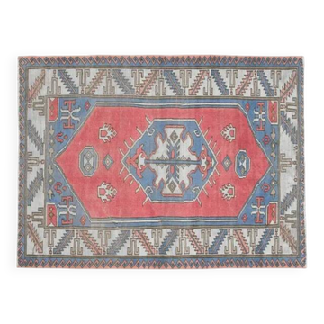 Tapis d'aire vintage turc fait main en laine et coton rose des années 1970 155x209