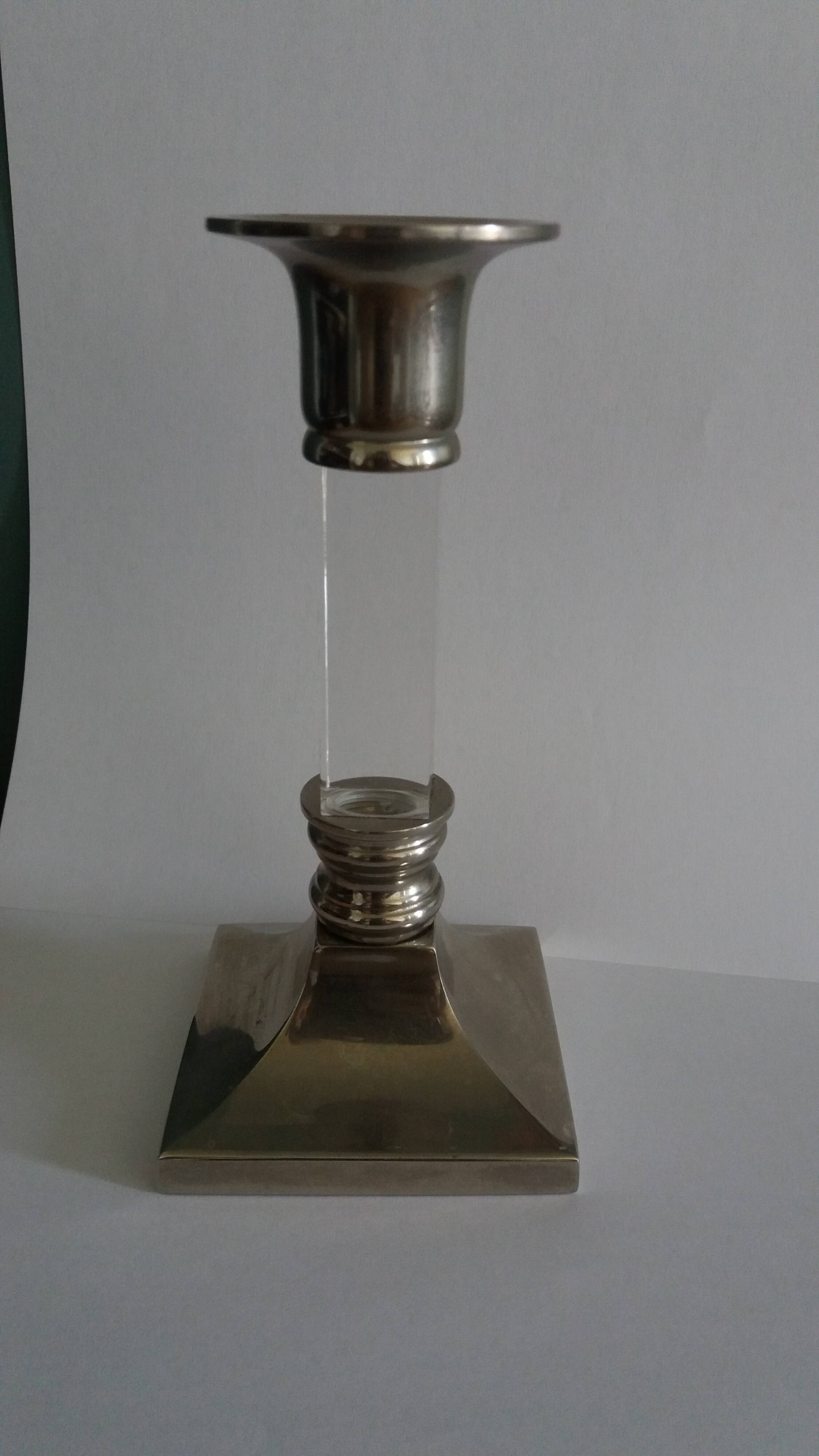 Silver-plated metal candlestick and lucite plexiglass