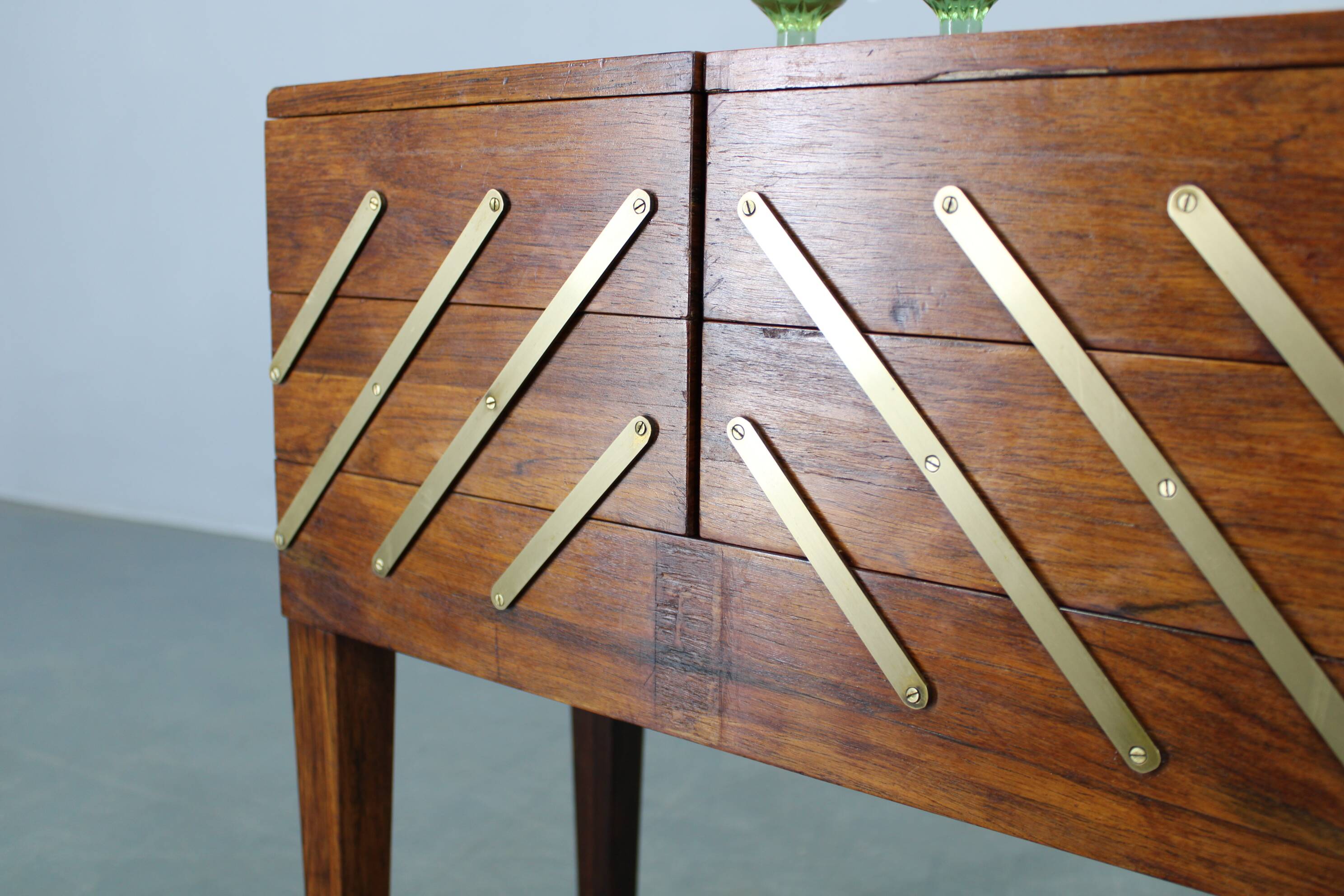 Danish mid-century unfolding sewing box in wood and brass, 1960s