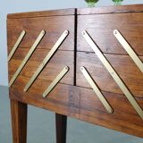 Danish mid-century unfolding sewing box in wood and brass, 1960s