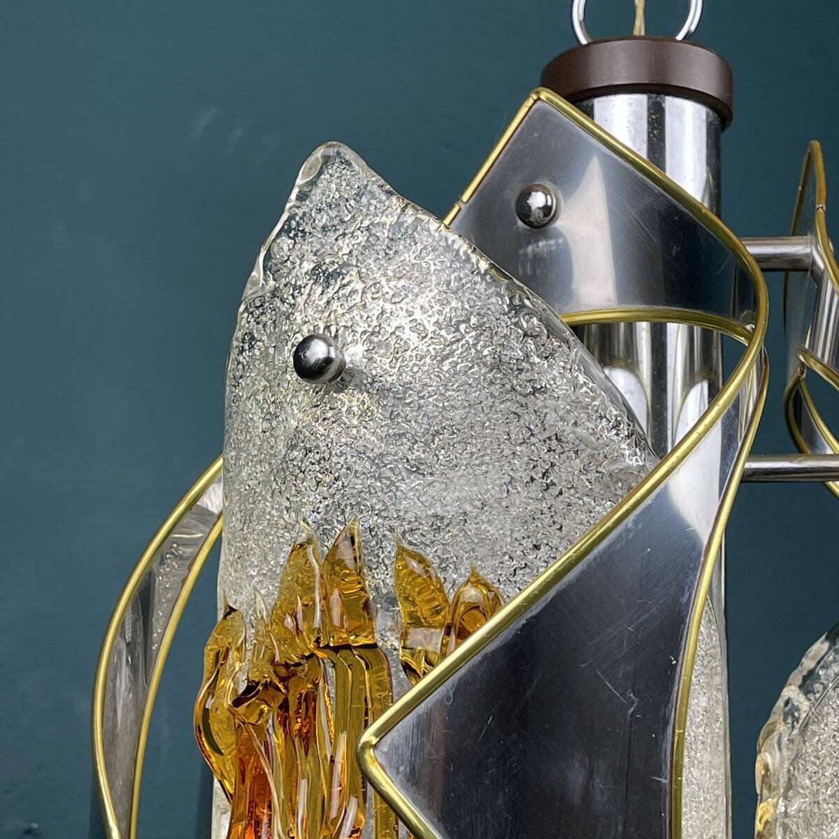 Amber chrome chandelier Murano mid-century by Toni Zuccheri for Mazzega, Italy, 1970s.