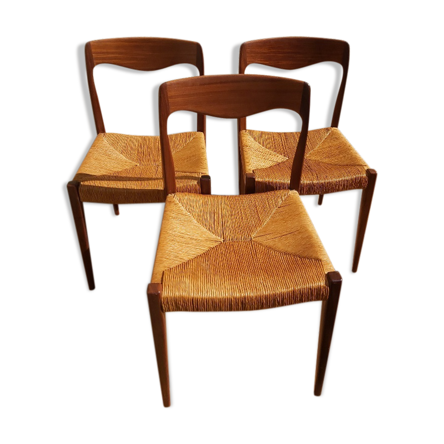 3 Niels Otto Moller chairs in teak and straw 60s