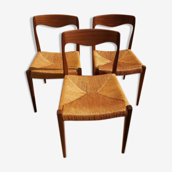 3 chaises scandinaves Niels Otto Moller en teck et paille années 60