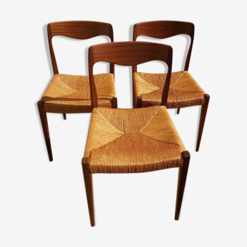 3 Niels Otto Moller chairs in teak and straw 60s