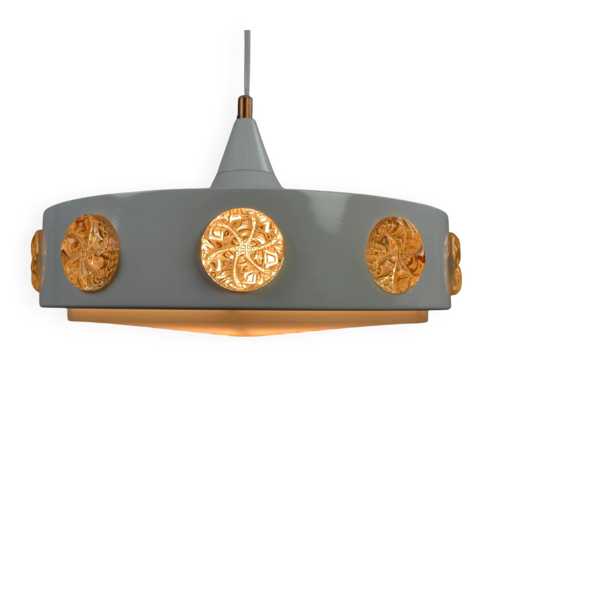 Pendant Lamp with Amber Glass Medallion Inserts — Vitrika, Denmark, 1960s