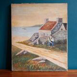 Tableau peinture ancienne homme bord de mer
