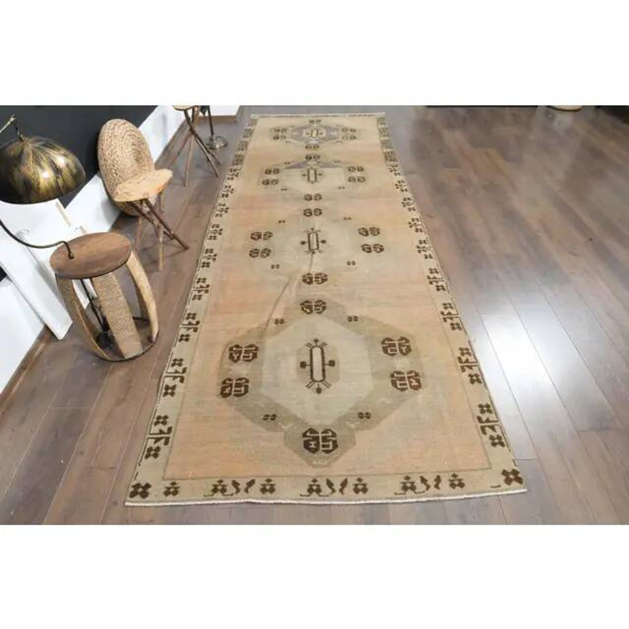 1970s Turkish Oushak Handmade Wool Cotton Orange Runner Rug 137x404