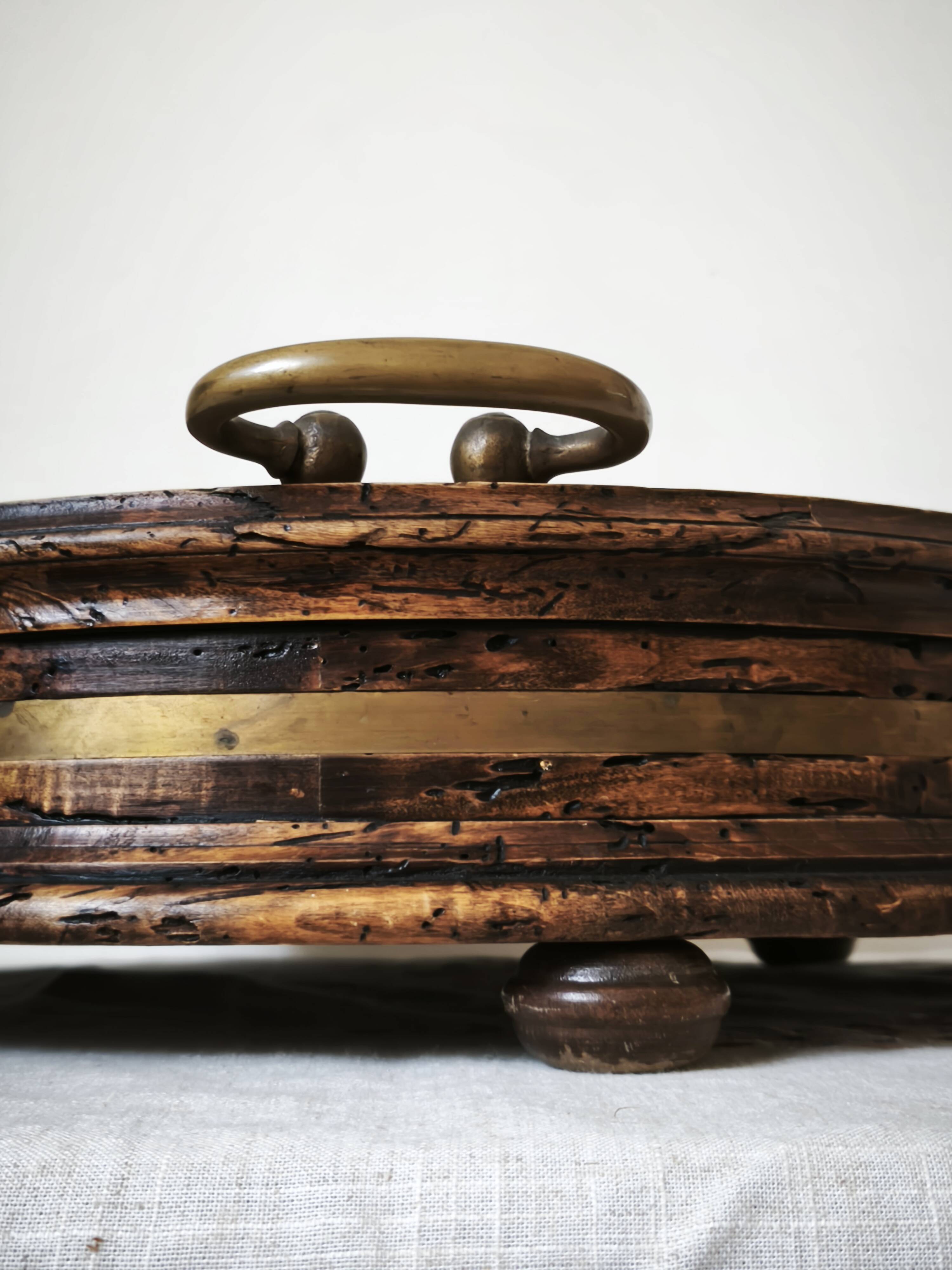 Large antique Italian wooden tray with brass handles.