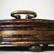 Large antique Italian wooden tray with brass handles.