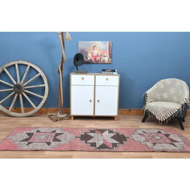 1970s Vintage Turkish Oushak Handmade Wool Cotton Pink Runner Rug 89x279