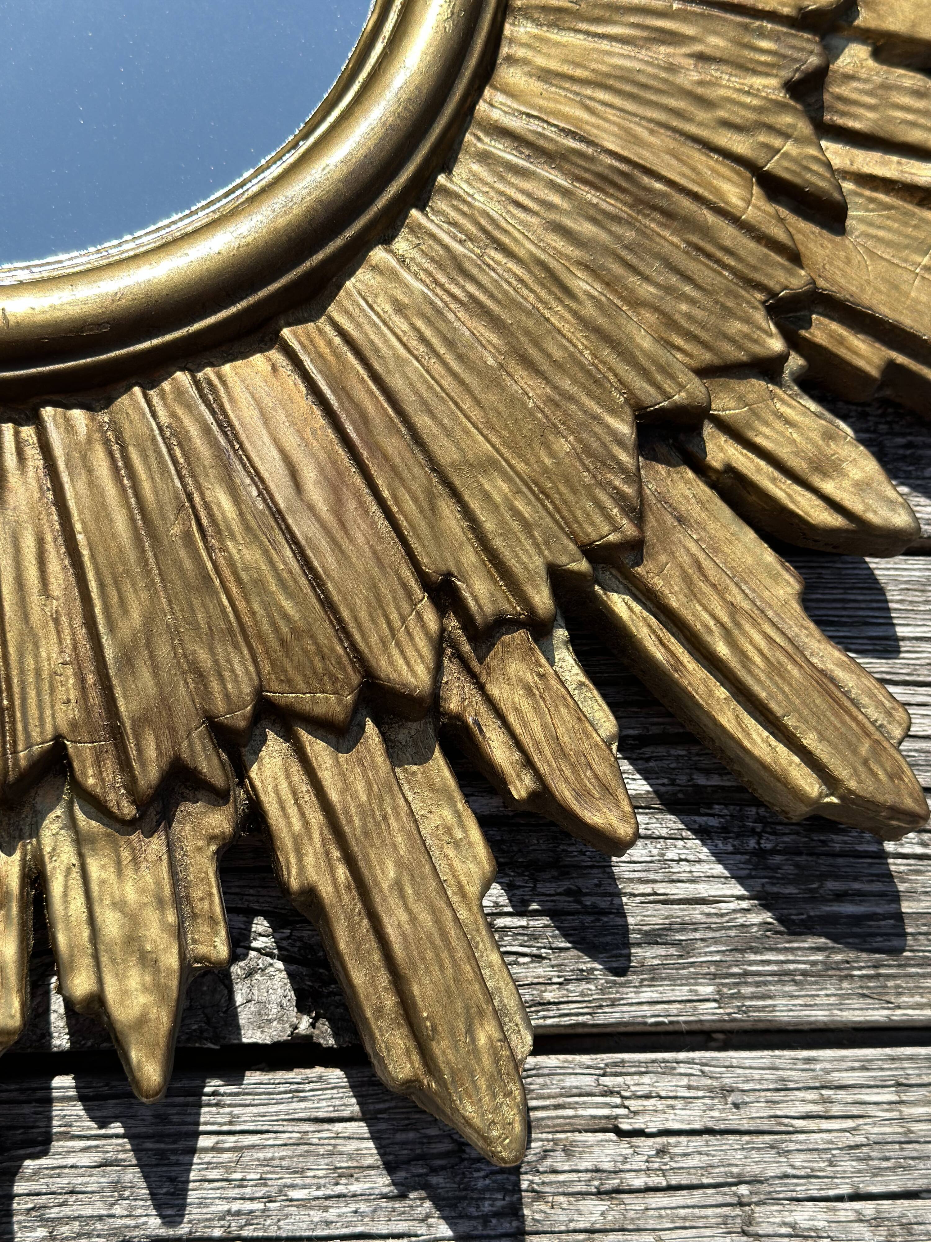Vintage sun mirror 1960 in patinated golden balsa