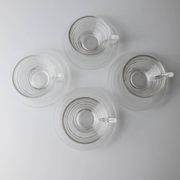 4x Transparent Glass Cups and Saucers with Grooved Embossing – Art Deco Italy 1960s, Elegant Tea Glassware Set