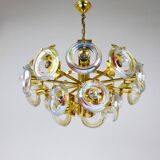 Large brass chandelier by Oscar Torlasco, rainbow optical glass rings, Italy, 1970s.