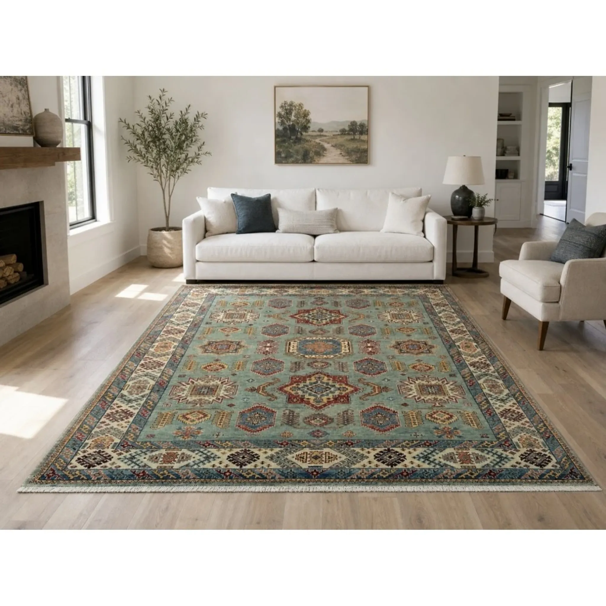 Contemporary Handmade Wool Area Rug, Turquoise Geometric Pattern Carpet for Living Room