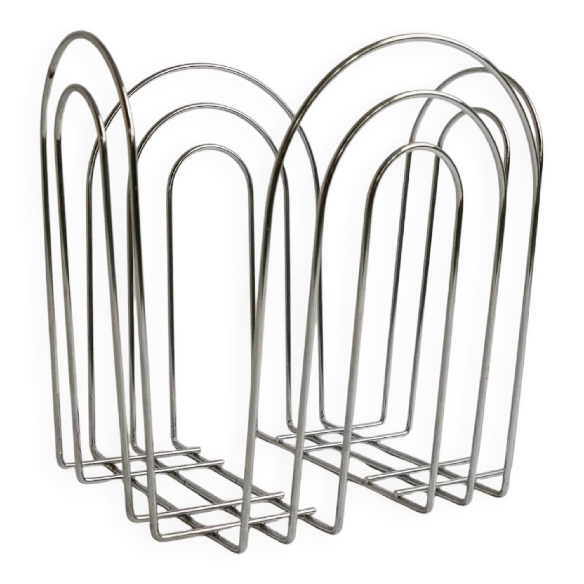 Vintage chrome-plated metal basket in Space Age 1980s design – silver storage for magazines, throws, 37x42x34 cm