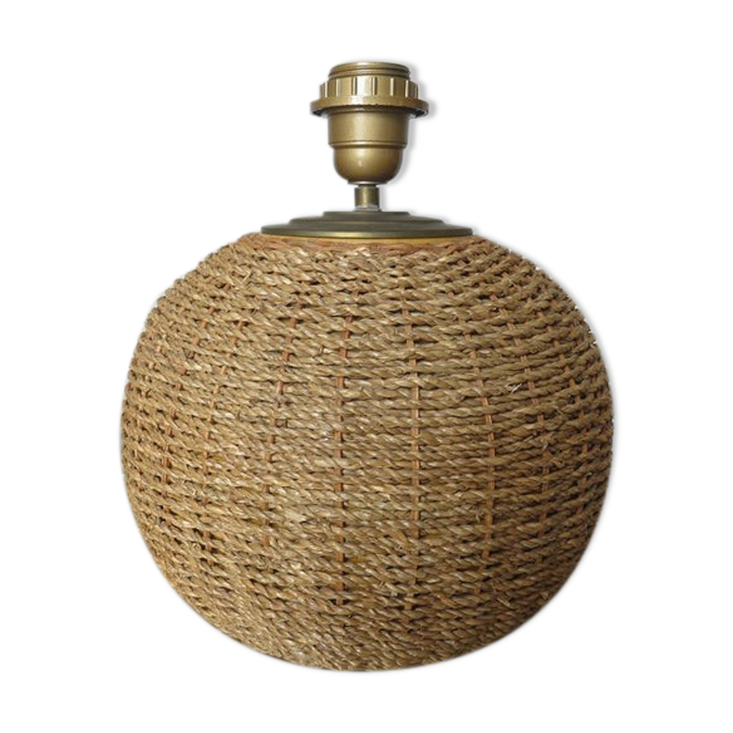 Ball lamp in rope, rattan, ceramic and brass 70s
