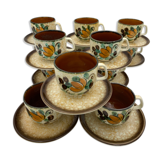 Set of 13 ceramic cups and sub-cups boch la louviere, corfu model - 1960s-1970s