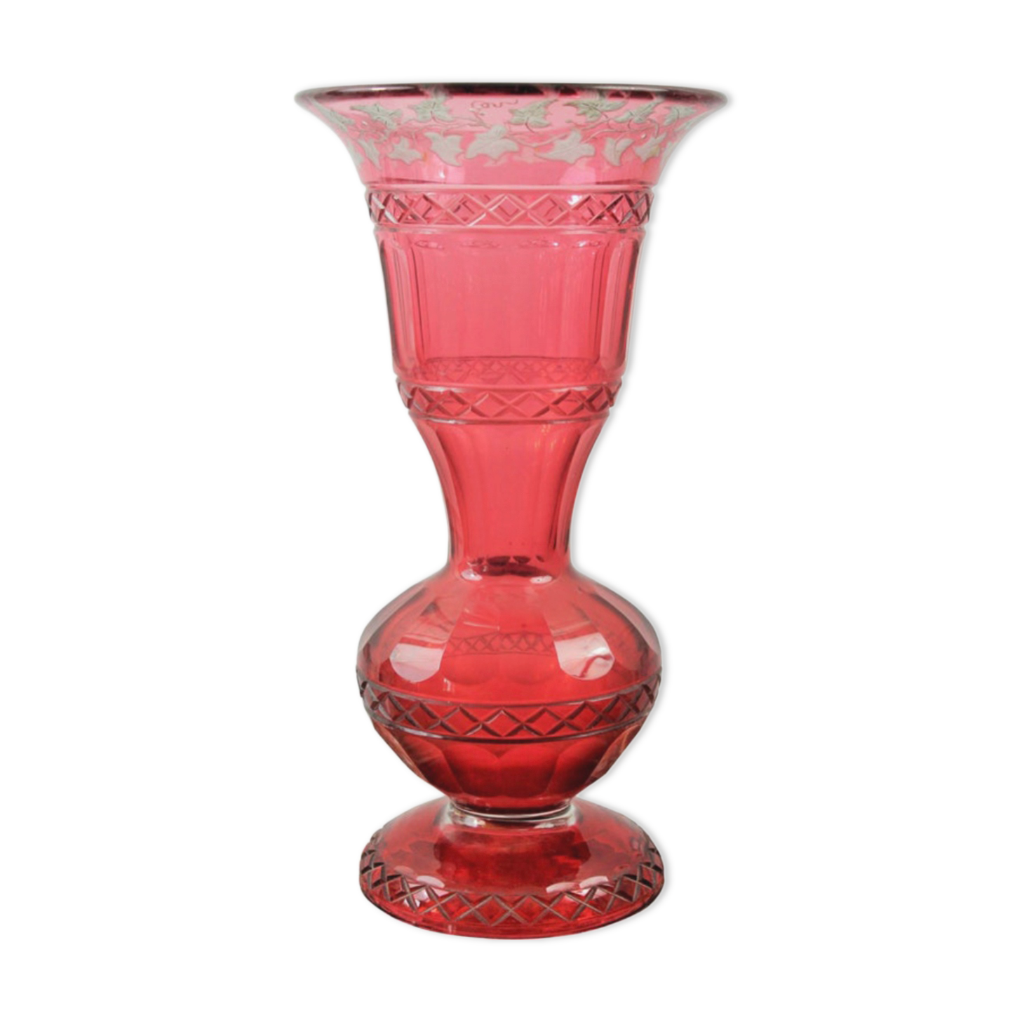 Bohemian red crystal vase decorated with vine leaves, 19th century