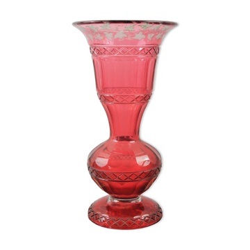 Bohemian red crystal vase decorated with vine leaves, 19th century