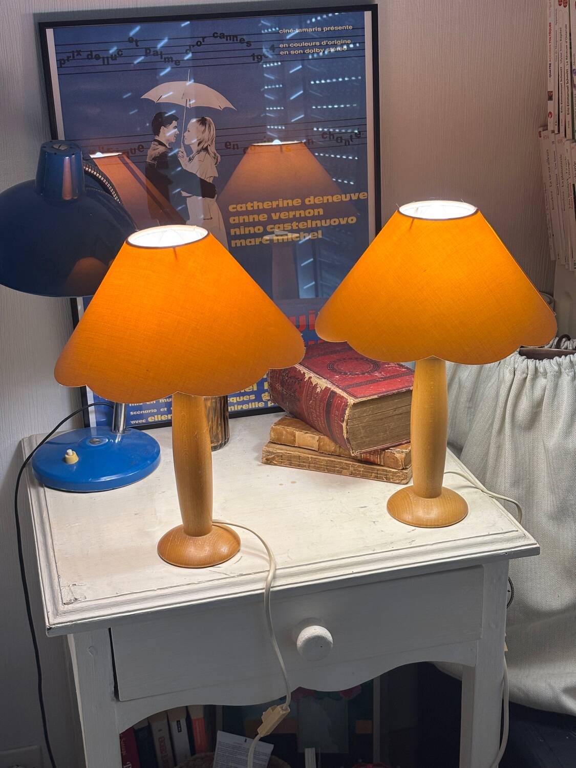 2 vintage wooden and fabric bedside lamps