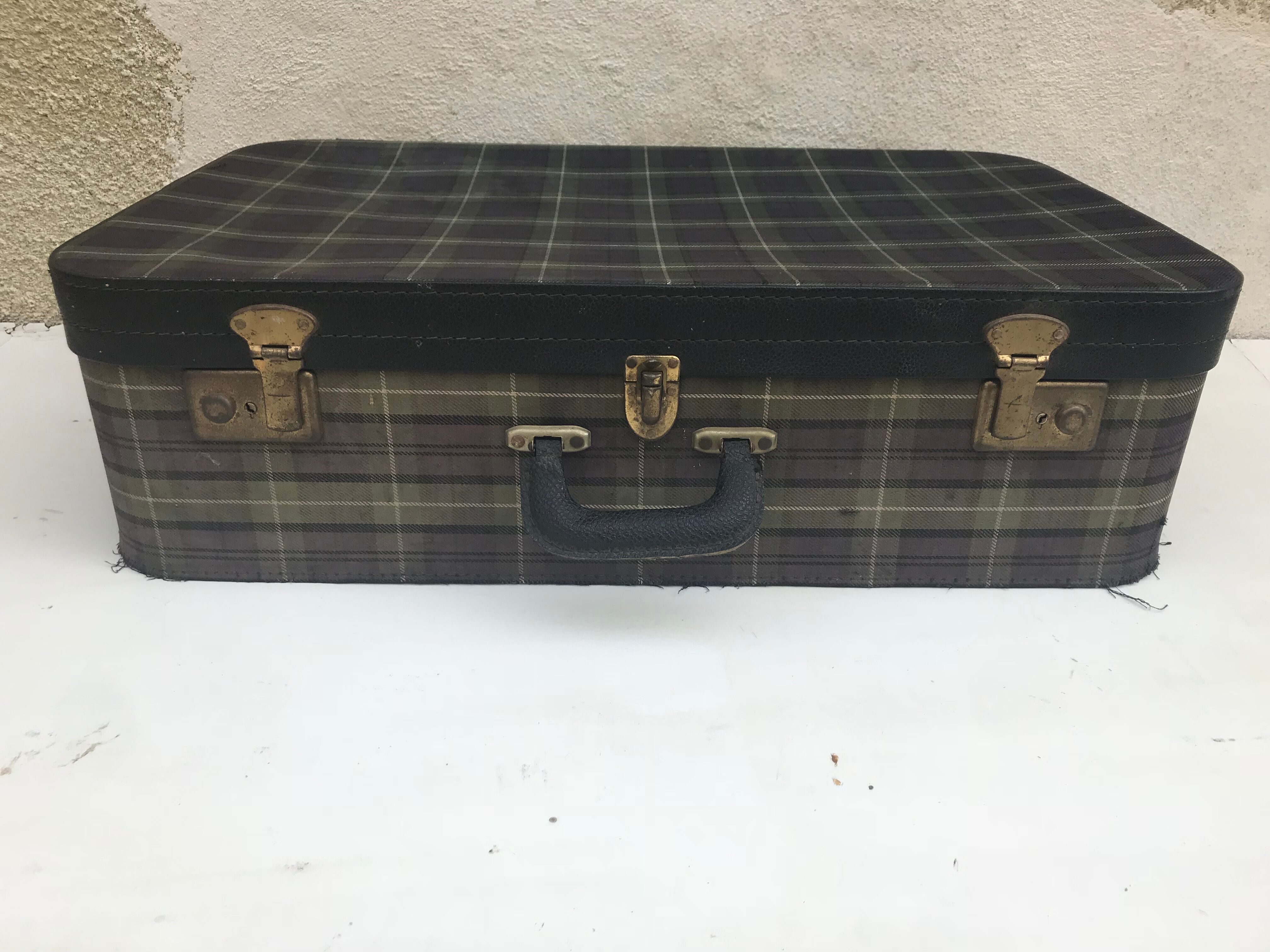 Old suitcase travel fabric Scots & brass + Cove black Vintage Leather trunk